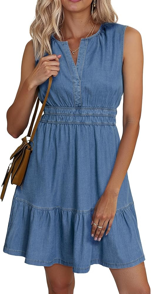 BerryGo Womens Denim Dress Sleeveless Summer Casual Jean Dress Tiered Cowgirl Country Mini Soft L... | Amazon (US)
