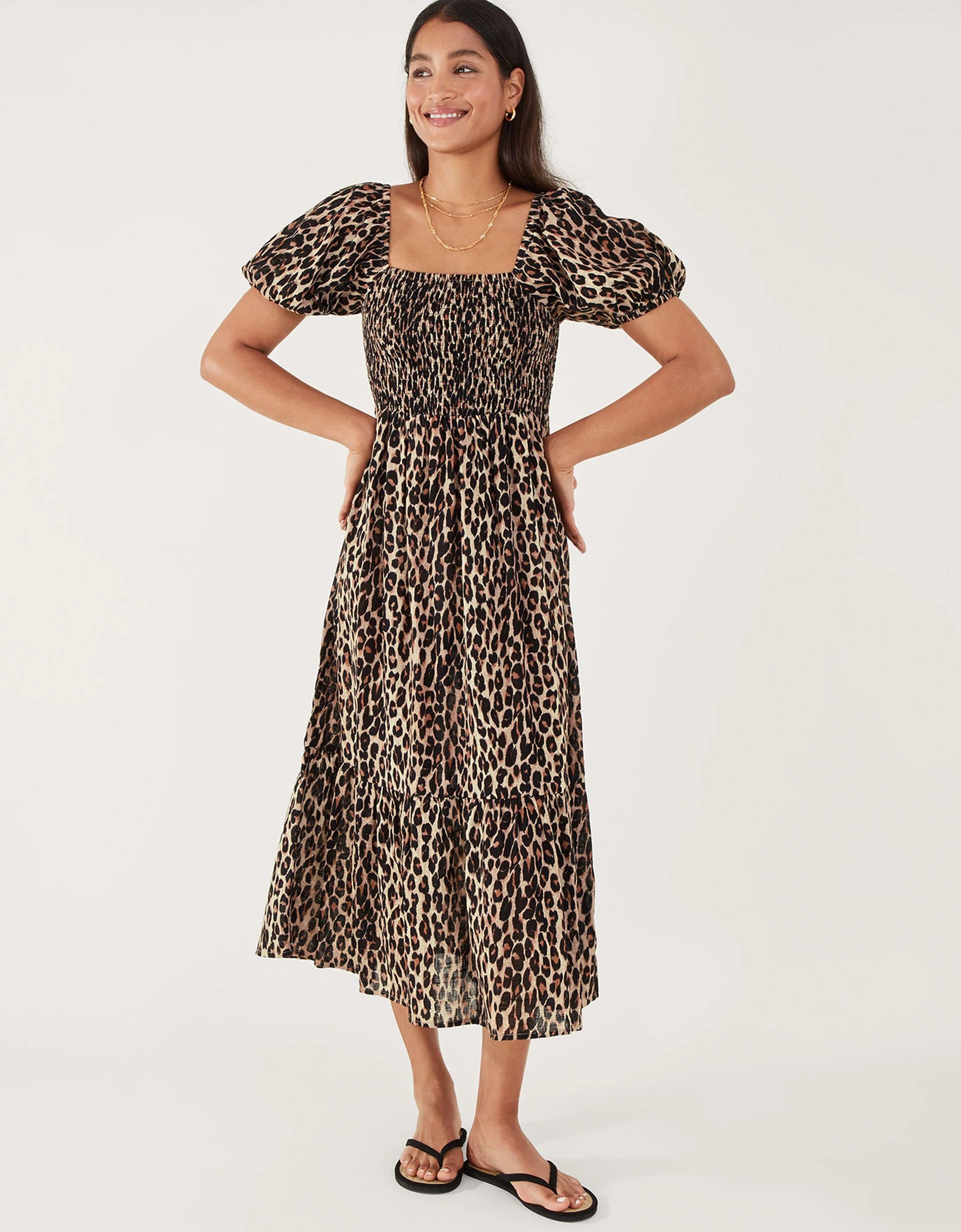 Leopard Print Shirred Puff Sleeve Dress Brown | Accessorize (Global)