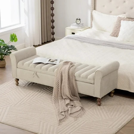 Oufan Mid Century Ottoman Bench w/ Storage, Fabric Upholstered Foot Rest w/ Rolled Armrest&Rubberwood Legs, Bed End Foot Stool for Bedroom, Entryway | Walmart (US)