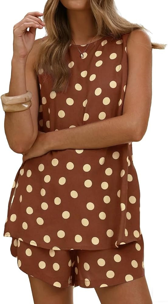 IDEALSANXUN Womens Polka Dot Two Piece Short Sets Summer Sleeveless Tank Top Drawstring Shorts Ma... | Amazon (US)
