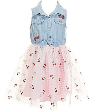 Zunie Little Girls Sleeveless Cherry Motif Denim Bodice Mesh Gingham Tutu Skirted Dress -  5 | Dillard's