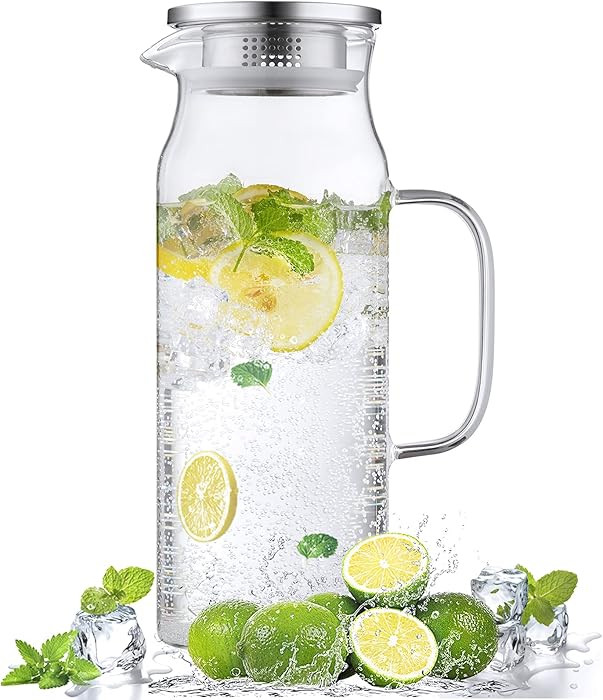 Bivvclaz 1.6 Liter 54 oz Glass Pitcher with Lid and Handle, Glass Carafe Water Pitcher for Hot/Co... | Amazon (US)