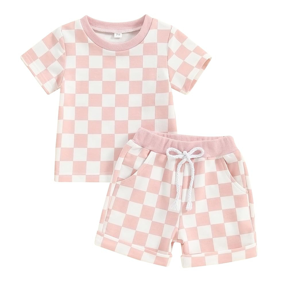Toddler Baby Girl Outfit Newborn Girl Summer Clothes Short Sleeve T Shirt Checkerboard Top Set El... | Amazon (US)