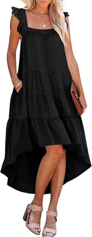 Prinbara Women's Summer Midi Dress Sleeveless Ruffle Sleeve Colorblock Solid Loose Fit Flowy Plea... | Amazon (US)