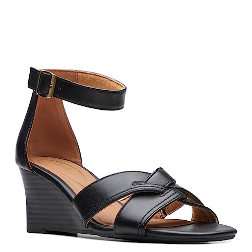 Clarks Women's Fashion Wedge Sandal, Black Leather, 6.5 | Amazon (US)