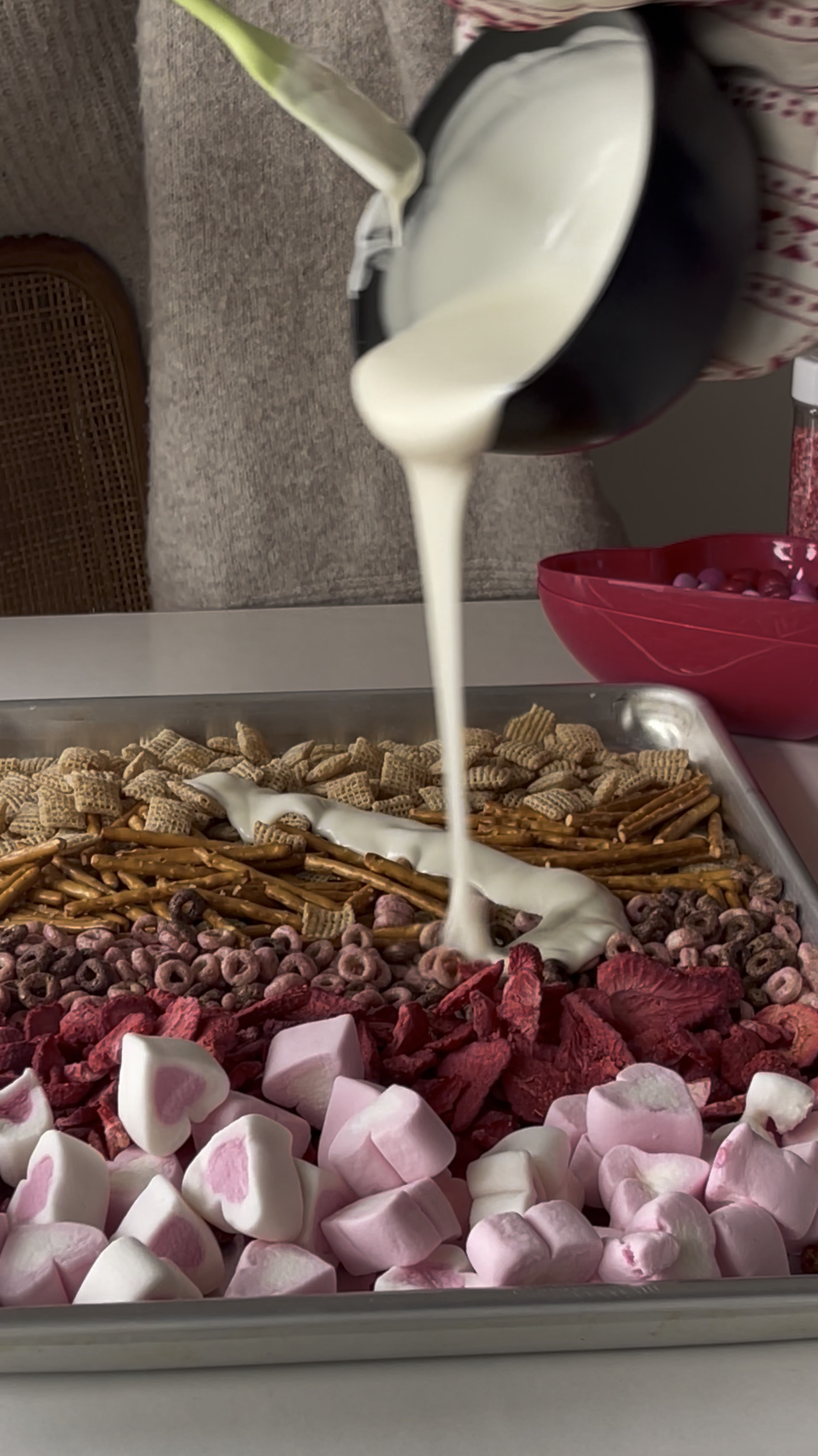 This Cupid’s Mix will not last long in my house…

Here’s how to make it:
Lay out on a sheet tray your 💕 Chex cereal 💕 Pretzels (sticks or snaps) 💕 Marshmallows 💕 Freeze dried strawberries. Melt your white chocolate and drizzle all over your mix. Stir to coat all pieces. Top with m&ms and sprinkles. Let sit for 30 minutes to harden. Enjoy! 

Comment CUPID for the full ingredient list for easy shopping 🩷

#easyrecipes #valentines #ediblefun #snacktivity #diyvalentines #chocolate #valentinesforkids #momhacks #ilovemykids❤️ #partyfoods #makememories #ilovebeingamom #kidstreat #funathome #funfoodforkids #lazybaking 

#LTKFamily #LTKSeasonal #LTKGiftGuide