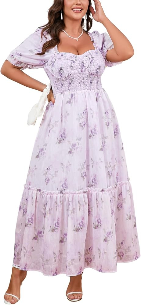 Women's Plus Size Floral Maxi Dress Puff Sleeves Cottagecore Corset Dresses Flowy Smocked Formal ... | Amazon (US)