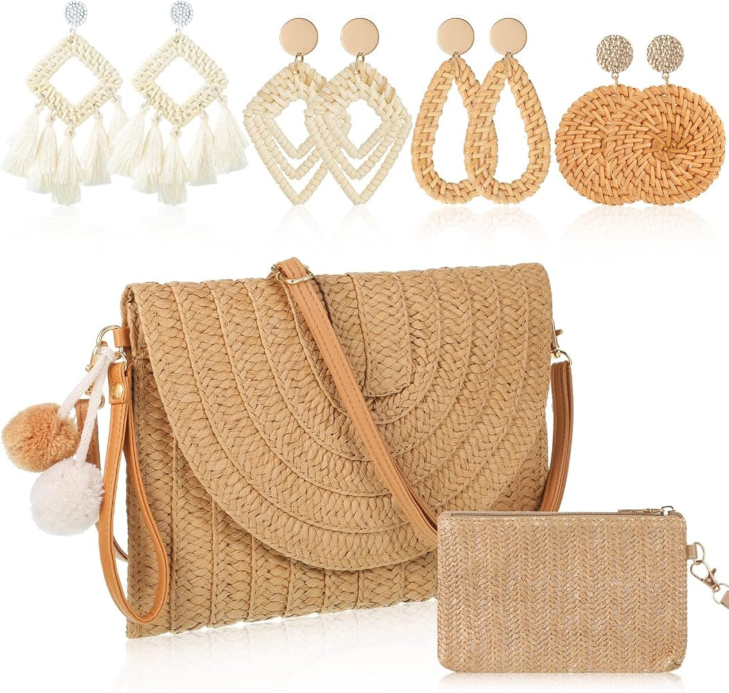 Sweetude Bolso de mano de paja para mujer, juego de aretes de ratán, bolsa de paja de verano, pl... | Amazon (US)