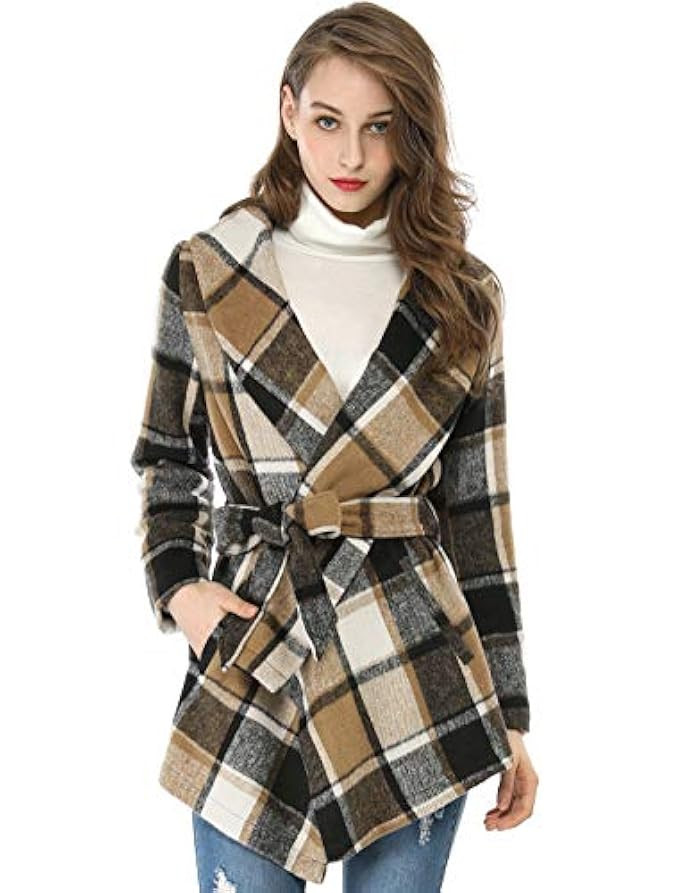 Allegra K Women's Turn Down Collar Asymmetric Hem Plaids Wrap Coat | Amazon (US)