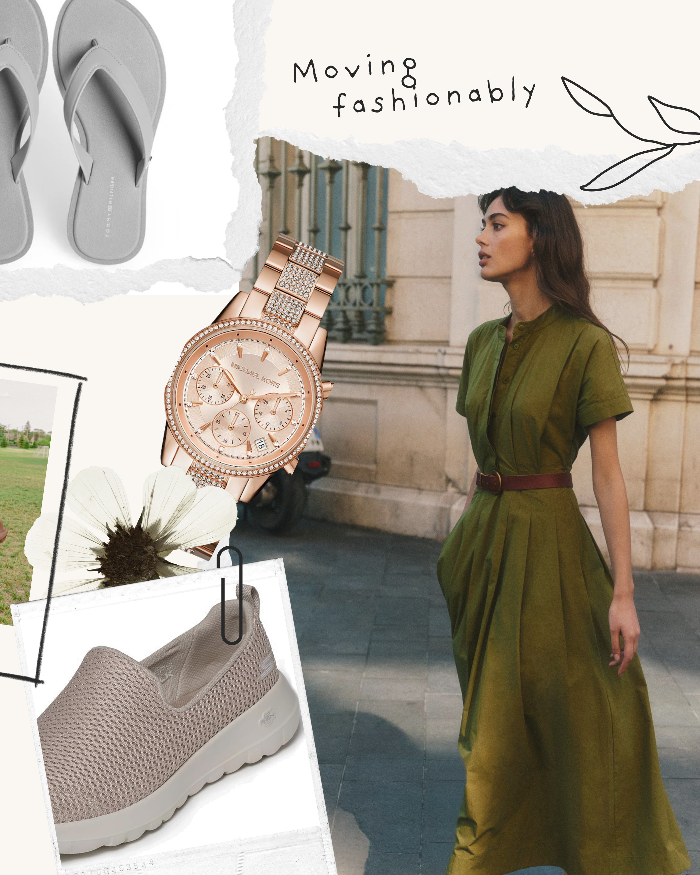Moving fashionably 🌿 An olive belted shirt dress that packs flat and moves easily for a day of walking, Skechers GOwalk slip-on trainers for comfort without giving up the look, Tommy Hilfiger flip flops for the downtime moments, and a Michael Kors rose gold chronograph watch to dress it all up. Practical travel style, sorted.

#michaelkors #skechersgowalk #tommyhilfiger #shirtdress #travelstyle #comfortablesneakers #walkingshoes #beltedshirtdress #rosegoldwatch #ltktravel 

 