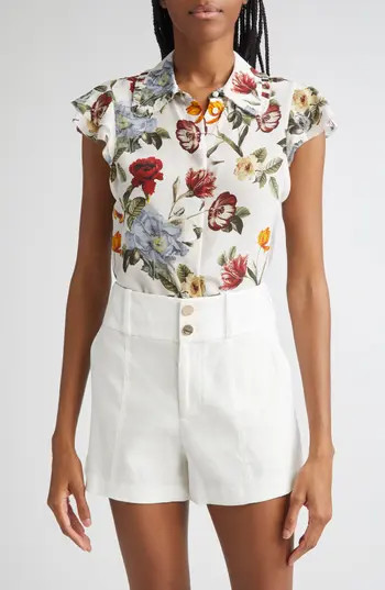 Alice + Olivia Martel Floral Flutter Sleeve Silk Button-Up Top in Provence Floral Sm at Nordstrom Rack, Size Large | Nordstrom Rack