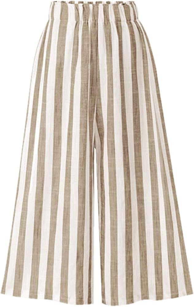 CHARTOU Women's Casual Striped High-Waist Wide-Leg Cotton Lightweight Palazzo Capri Culotte Pants | Amazon (US)