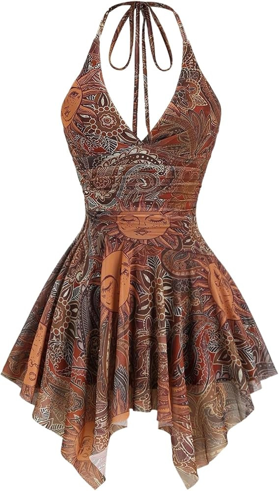 BEAUDRM Women's Boho Halter Dress Paisley Hippie 70s Western Cowgirl Dress Flowy Layered Ruffle M... | Amazon (US)