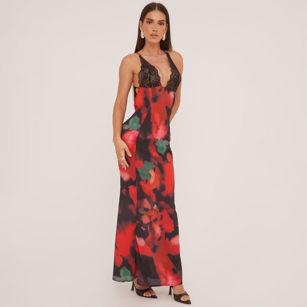 Lace Detail Floral Print Open Back Maxi Dress In Black And Red Woven | EGO Shoes (US & Canada)