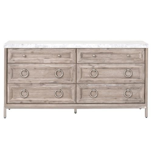 Avril French Country White Marble Top Natural Grey Acacia Wood 6 Drawer Double Dresser | Kathy Kuo Home