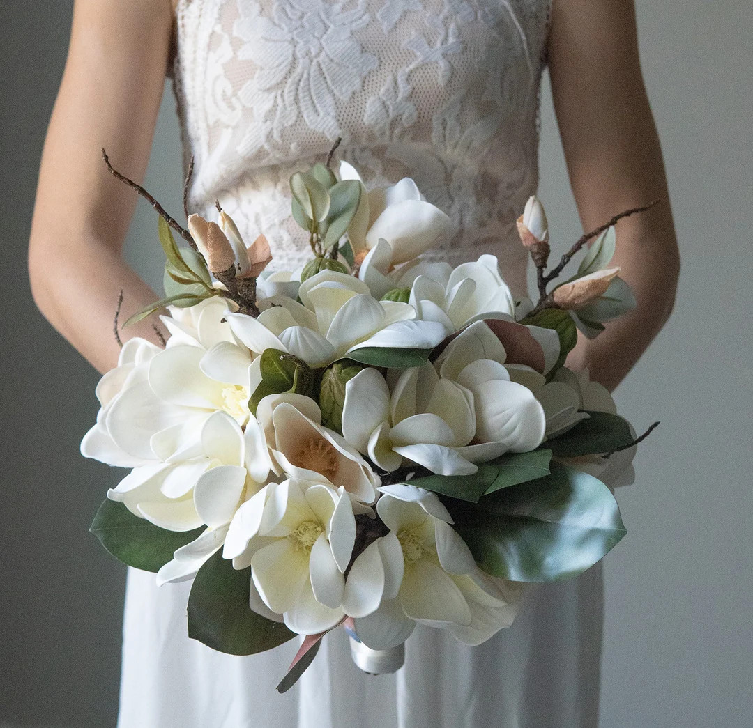 Magnolia Bridal Bouquet White Magnolia With Greenery Wedding - Etsy | Etsy (US)