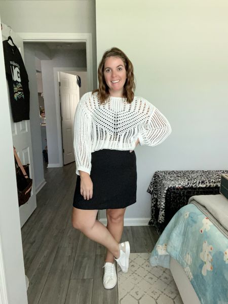 Add a cute crochet sweater over the dress and you have another super cute look! The dress runs a bit small, so size up, it comes in a few color options and it is less than $50! My exact sweater is no longer available, but I tagged some very similar options that are under $30!

#LTKmidsize #LTKsalealert #LTKstyletip