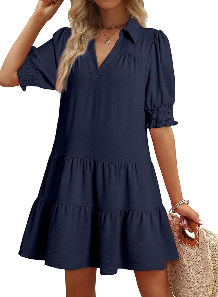 Dokotoo Casual Dresses for Women Lapel Collared V Neck Mid Sleeved Pleated Summer Dresses for Wom... | Amazon (US)