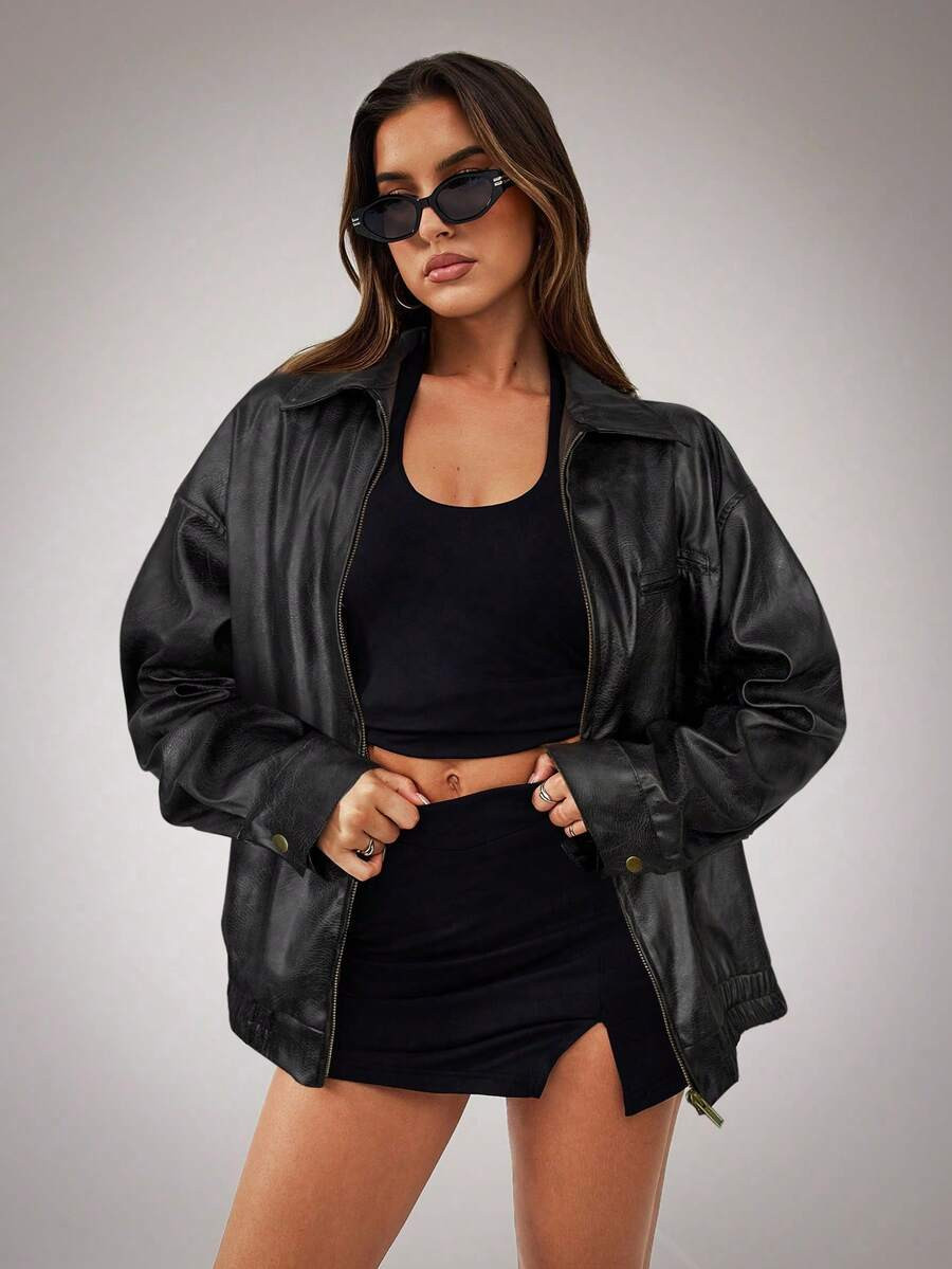 SHEIN BAE BAE Women Vintage Fashion Drop Shoulder Loose Zipper Jacket, For Autumn Brown Faux Leat... | SHEIN