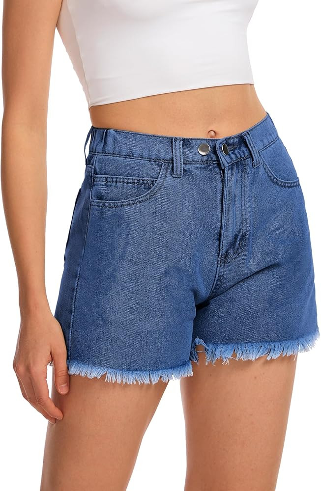 AIMILIA Jean Shorts for Women Casual Mid Rise Raw Hem Wide Straight Leg Stretchy Skinny Denim Sho... | Amazon (US)