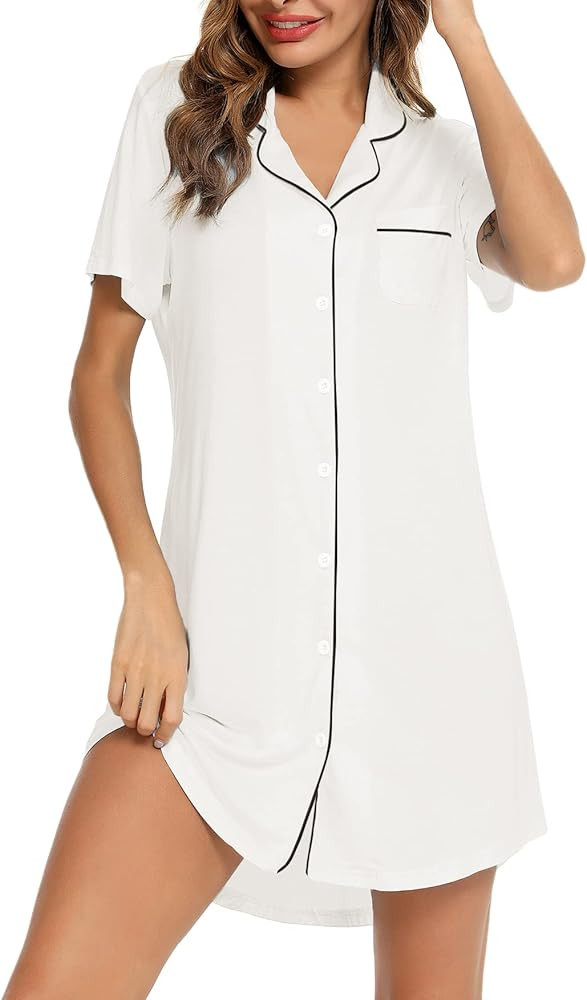 Gepansis Nightgowns for Women Button Down Nightshirt Short Sleeve Sleepshirt Soft Pajama Dress | Amazon (US)