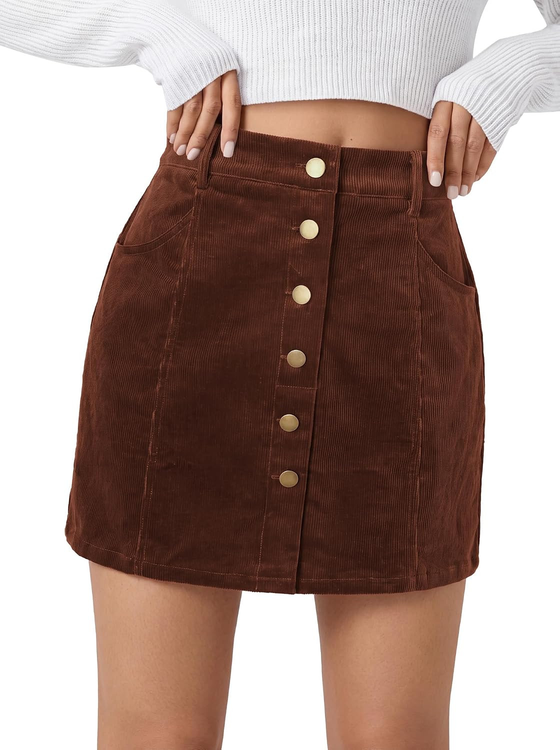 Belle Poque Womens Corduroy Short Mini Skirt Button A-Line Casual Stretchy High Waisted Fall Skirts with Pockets 2026 | Amazon (US)