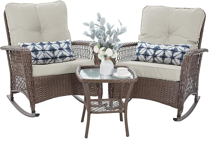 Patio Furniture Set 3 Pieces, Rocking Bistro Set with Thick Cushions, Brown Wicker Outdoor Rocker... | Amazon (US)