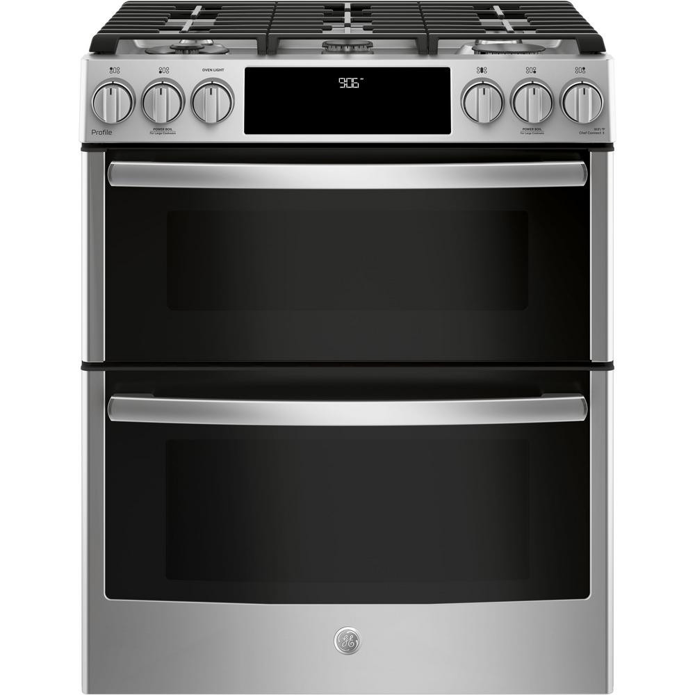 GE Profile 6.7 cu. ft. Smart Slide-In Double Oven Gas Range with Self-Cleaning Oven in Stainless ... | The Home Depot