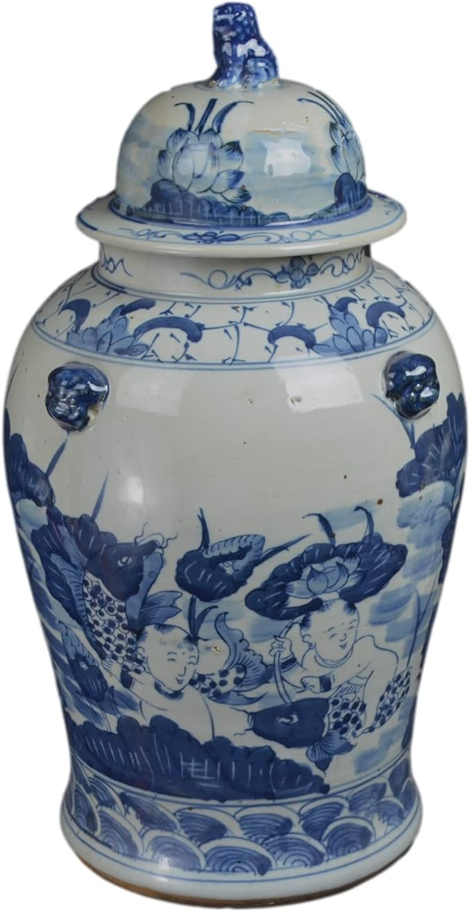 19" Antique Like Finish Blue and White Porcelain Children and Lotus Temple Ceramic Ginger Jar Vas... | Amazon (US)