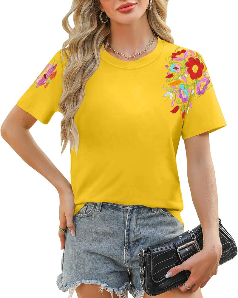 Mexican Shirts for Women: Floral Embroidered T-Shirt Cinco De Mayo Tees Mexico Fiesta Tops Casual... | Amazon (US)
