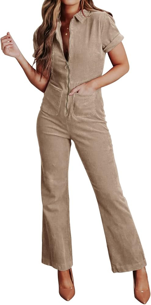 Ebifin Women's Short Sleeve Corduroy Jumpsuits Zip Up Straight Legs Long Pants Rompers | Amazon (US)
