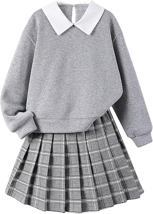 OYOANGLE Girl's 2 Piece Collared Sweatshirts and Plaid Pleated Skirt Preppy Clothes Set | Amazon (US)