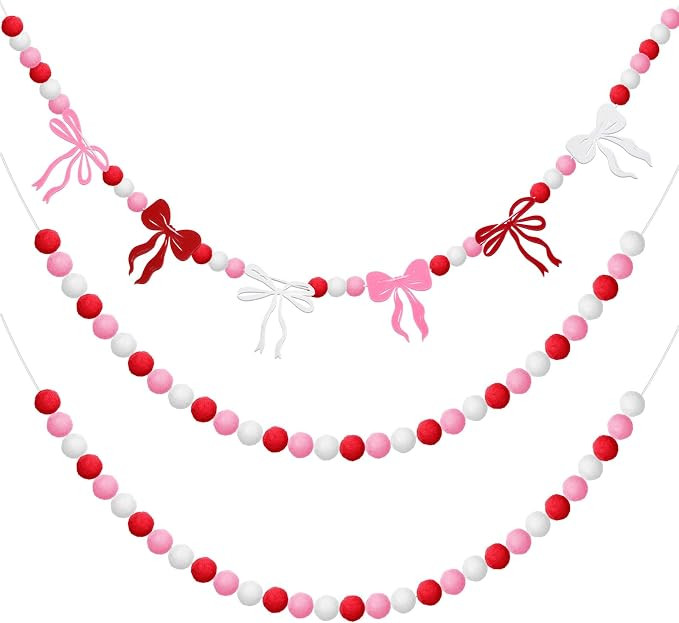 Breling 3 Pieces Valentine's Day Garland Felt Ball Garland, 10ft Pompom Bow Valentines Decoration... | Amazon (US)