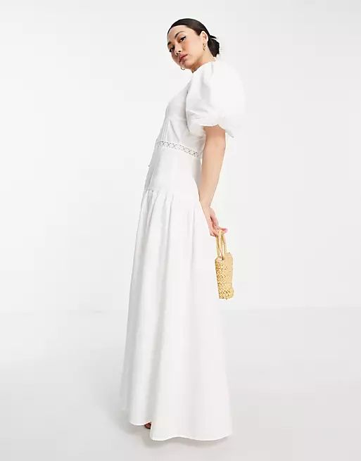 ASOS DESIGN pintuck maxi dress with lace insert in white | ASOS (Global)