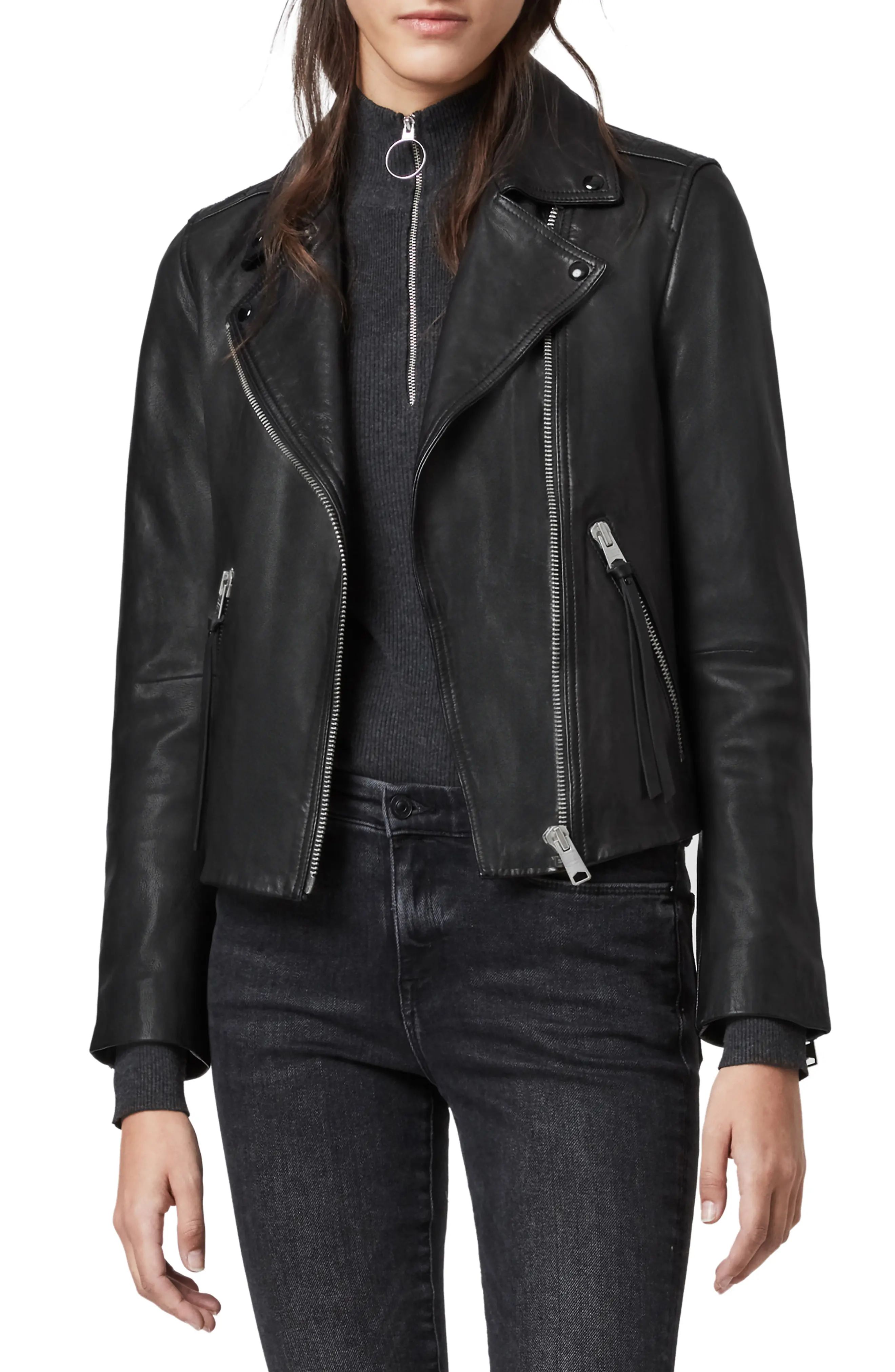 AllSaints Dalby Leather Biker Jacket, Size 8 in Black at Nordstrom | Nordstrom