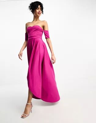 True Violet off shoulder high low dress in fuchsia | ASOS (Global)