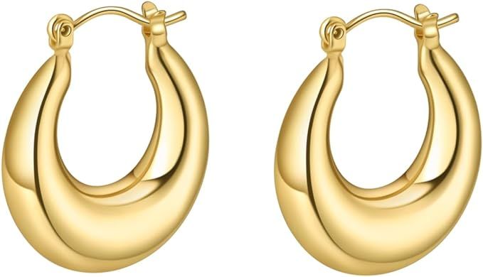 Chunky Gold Hoop Earrings for Women Cute Lightweight Hoop Earrings Set with 14K Gold Plated Hypoa... | Amazon (US)