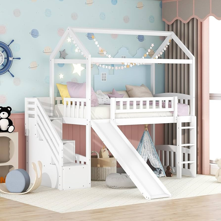 Harper & Bright Designs Loft Bed with Slide, House Loft Beds Twin Size with Step Storage Drawers ... | Amazon (US)