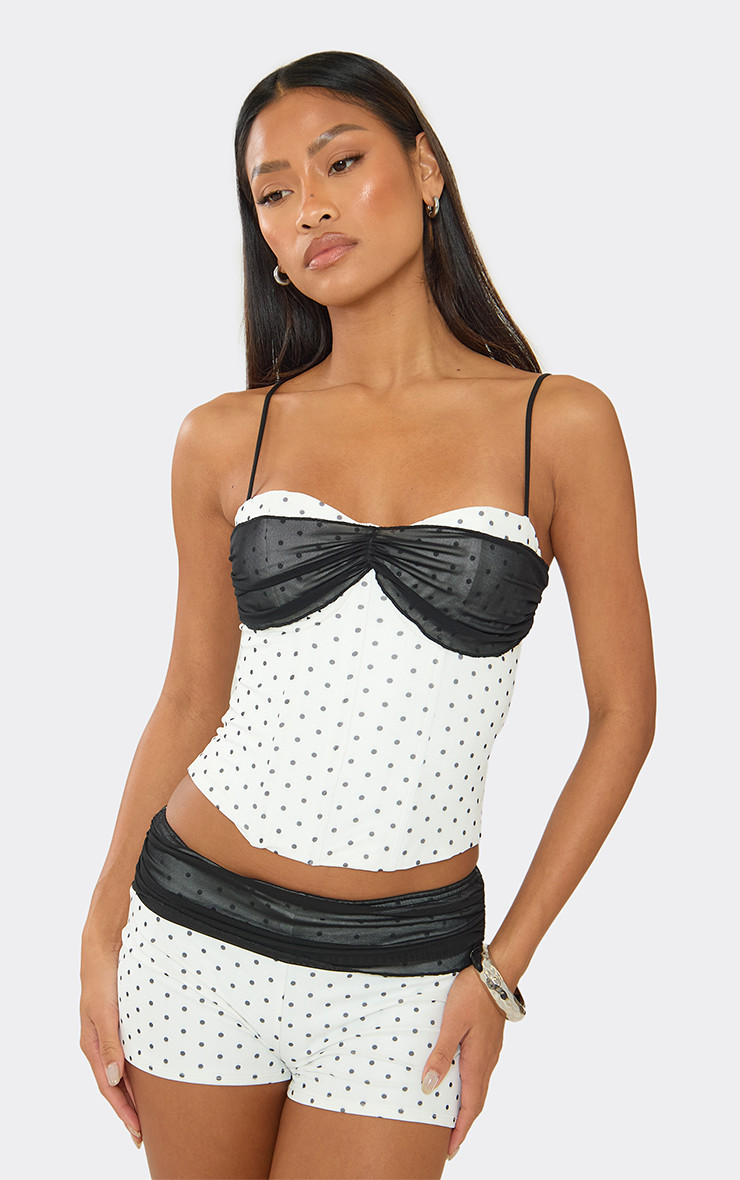Strappy Mesh Overlay Corset Top In Cream Polka Dot Print | EGO Shoes (US & Canada)