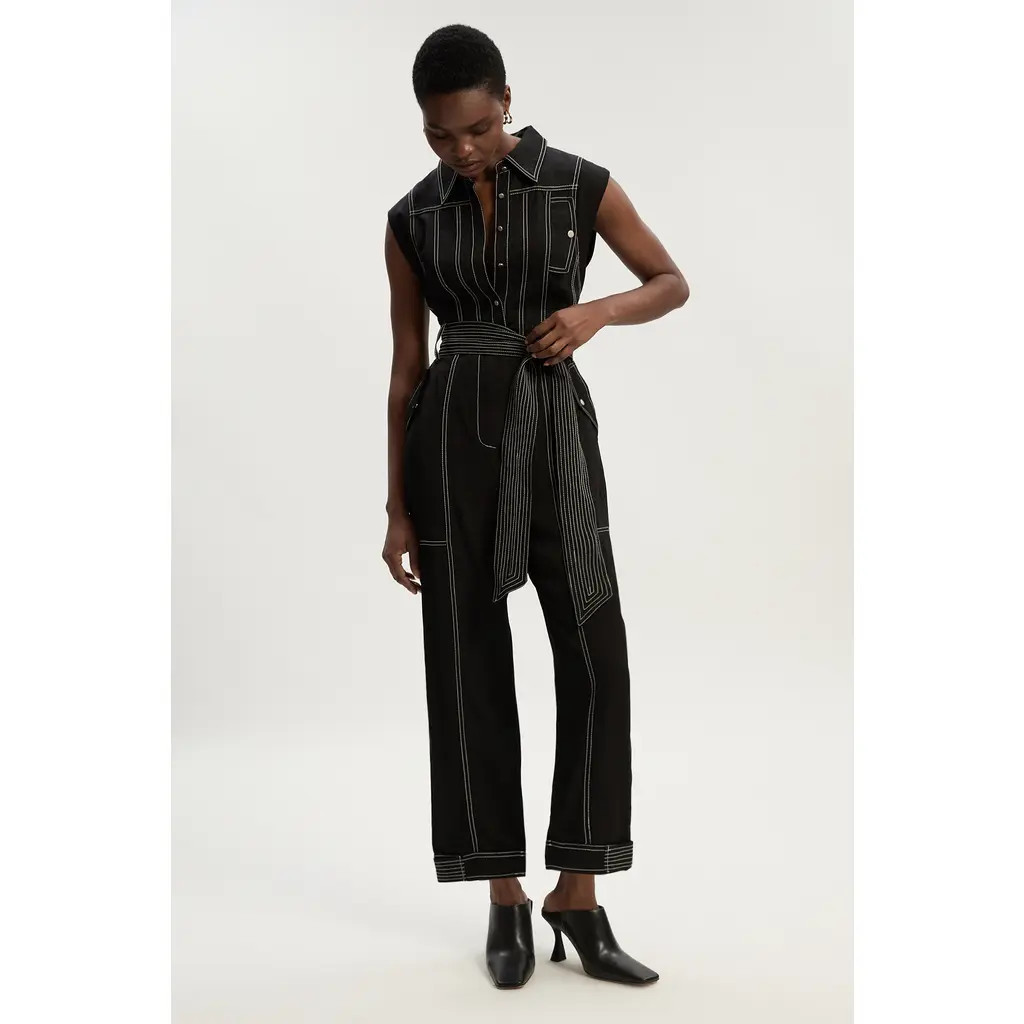 Karen Millen Premium Linen Woven Jumpsuit in Black at Nordstrom, Size 12 | Nordstrom