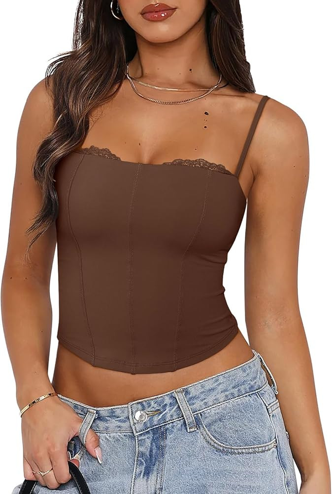 PINKMSTYLE Womens Lace Bustier Corset Tops Spaghetti Strap Tank Tops for Going Out | Amazon (US)