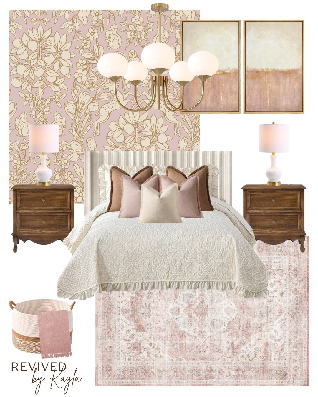 Dusty pink and gold bedroom design from Amazon 🩰✨ 

Cream bed with cream bedding, pink and brown throw pillows, dusty pink and gold floral wallpaper, pink rug, dark wood nightstands, white and gold lamps, gold light fixture chandelier, pink wall art 

#bedroomdecor #bedroomdesign #girlsroom #girlsbedroom #teengirl #bedroom #decor #pinkdecor #pinkbedroom #pinkandgold #teengirlsbedroom #pinkgirlsroom #homedecor #homedesign #homeinspo #inspiration #homedecorinspo #amazon #amazonhome #amazonbedroom #amazonfinds 

#LTKFindsUnder50 #LTKHome #LTKFindsUnder100