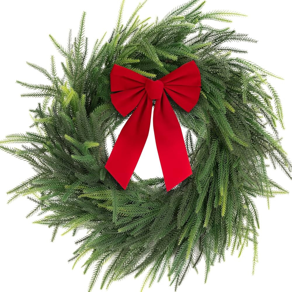 Real Touch Norfolk Pine Wreath for Front Door, 24'' Christmas Wreaths with Red Velvet Bow, Large ... | Amazon (US)