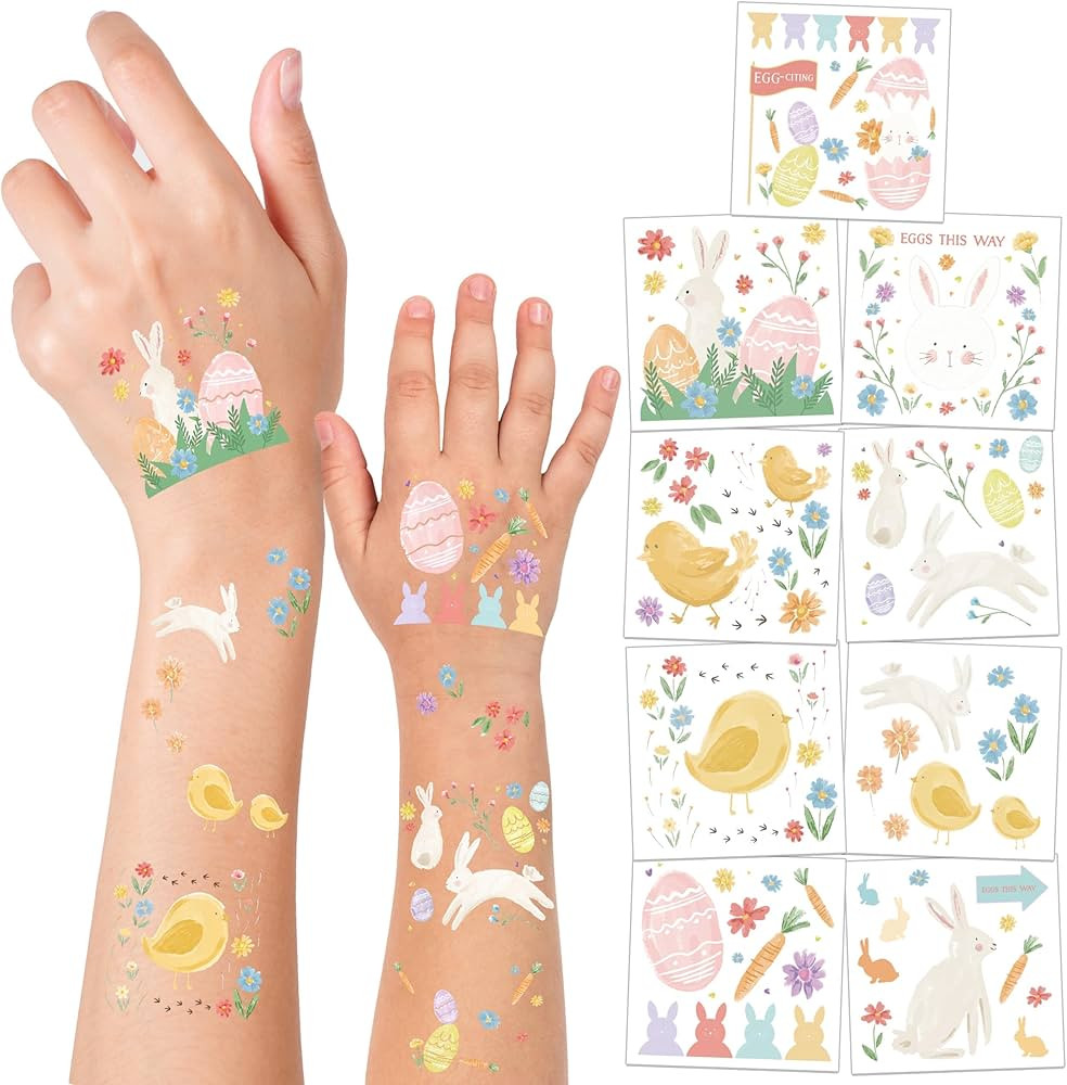 Cheerland Easter Tattoos for Kids Bunny Birthday Temporary Tattoos Easter Egg Floral Baby Chick W... | Amazon (US)