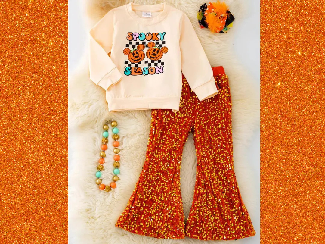 Halloween Girls Sequin Bell Bottom Pants Outfit, Spooky Season Clothes for Girls, Fall Character ... | Etsy (US)