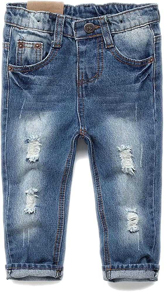 KIDSCOOL SPACE Baby Girl Boy Jeans,Little Kid Elastic Band Inside Ripped Denim Pants | Amazon (US)