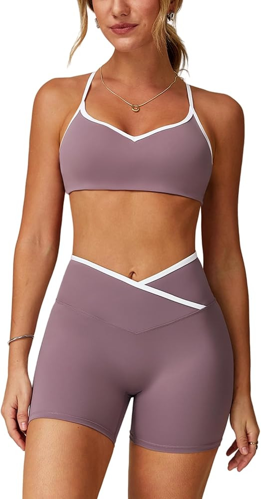 ABOCIW Conjuntos de entrenamiento para mujer, 2 piezas, bloque de color, con tirantes, brasier de... | Amazon (US)