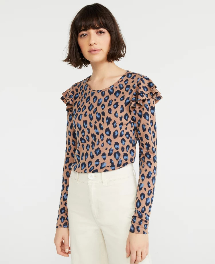 Animal Print Ruffle Shoulder Mock Neck Top | Ann Taylor (US)