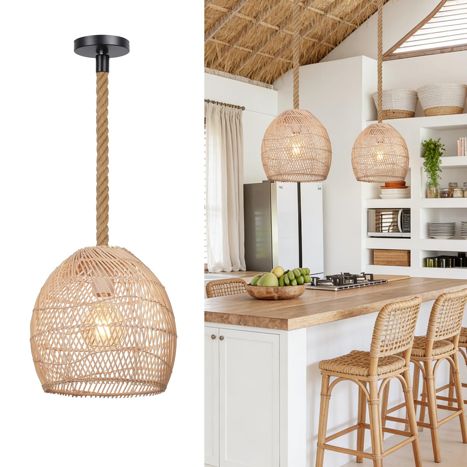 9.8" Boho Rattan Chandelier Light Fixture, 1-Light Hand Woven Small Pendant Lights Kitchen Island... | Amazon (US)