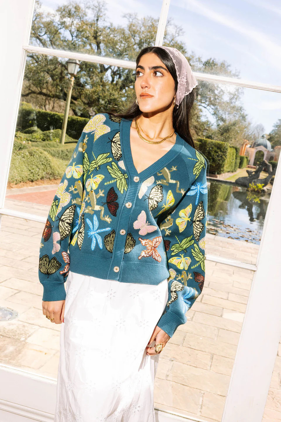 Dark Teal Scattered Butterfly, Dragon Fly, & Frog Cardigan | Queen of Sparkles